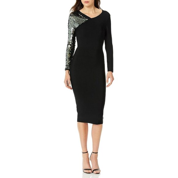 BCBGMAXAZRIA Sequined Sleeve Bodycon Dress in Black sz L - Picture 1 of 12